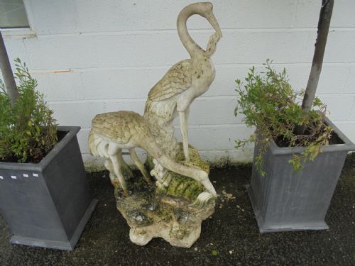 Weathered Carved Marble Statue of Two Cranes Feeding
