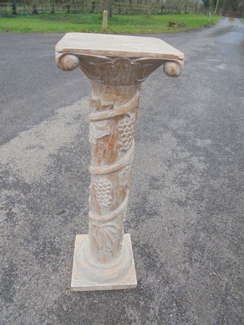 Limed Carved Wood Column Stand with Vines Grapes Etc