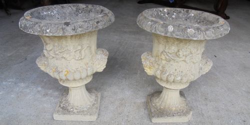 Pair Well Weathered Stone Garden Urns