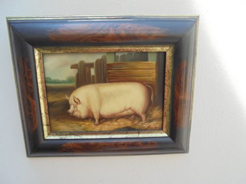 Small Primitive Framed Oil Painting of a Pig Signed Byron