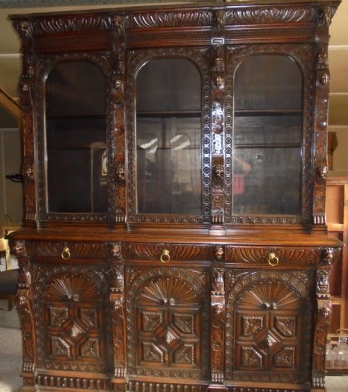 19th Century Carved Oak Three Door Bookcase
