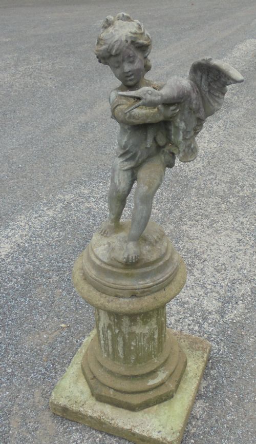 Delightful Lead Fountain of Boy and Goose on Well Weathered Stand