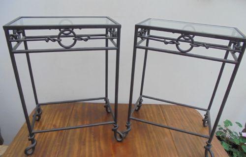 Pair  Small Glass Top and Iron  Tables