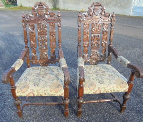 Pair Oak Heavily Carved Large Armchairs