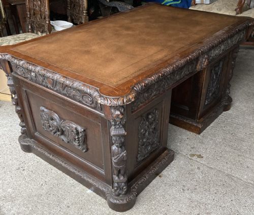 Magnificent Heavily Carved Oak Partners Desk