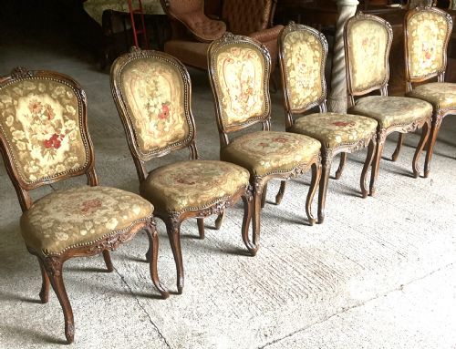 Set Six French Tapestry Upholstered Dining Chairs