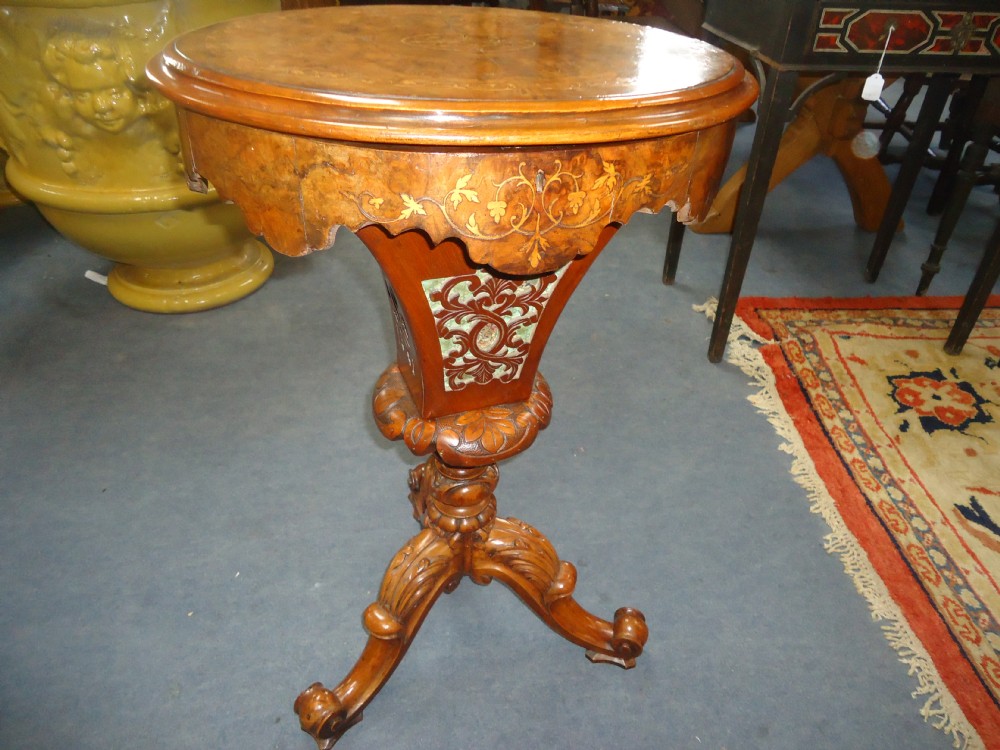 Victorian burr walnut and satinwood inlay work table