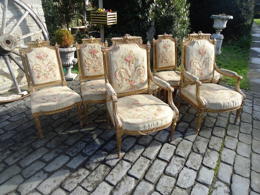 French gilded and tapestry seven piece salon suite