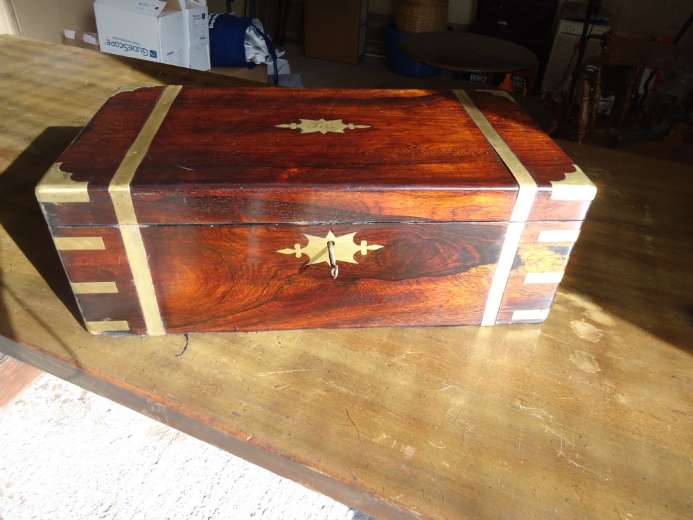 Early Victorian brass inlaid rosewood writing box.