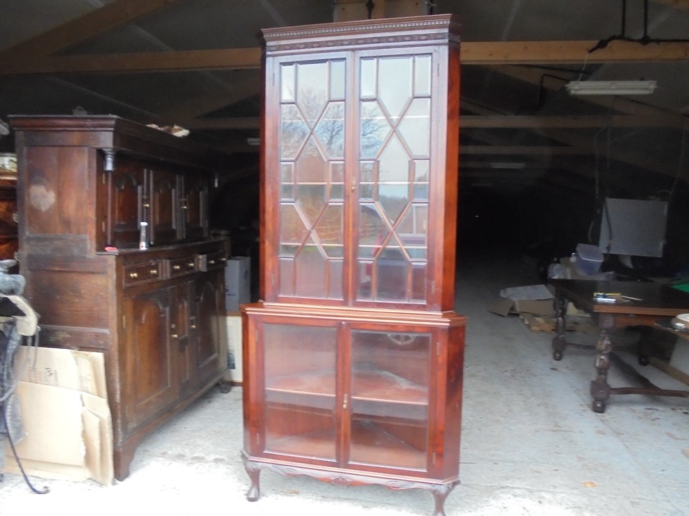 19th century mahogany bevelled glazed double corner cabinet