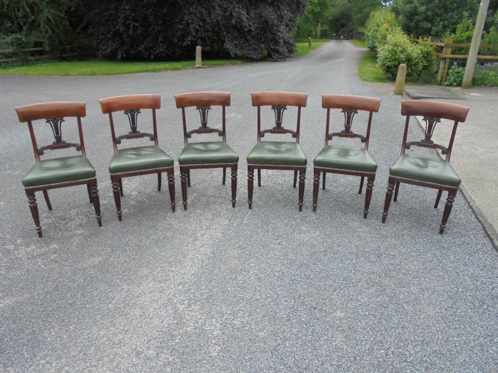 Set of six late Regency lyre back mahogany dining chairs of generous proportions.