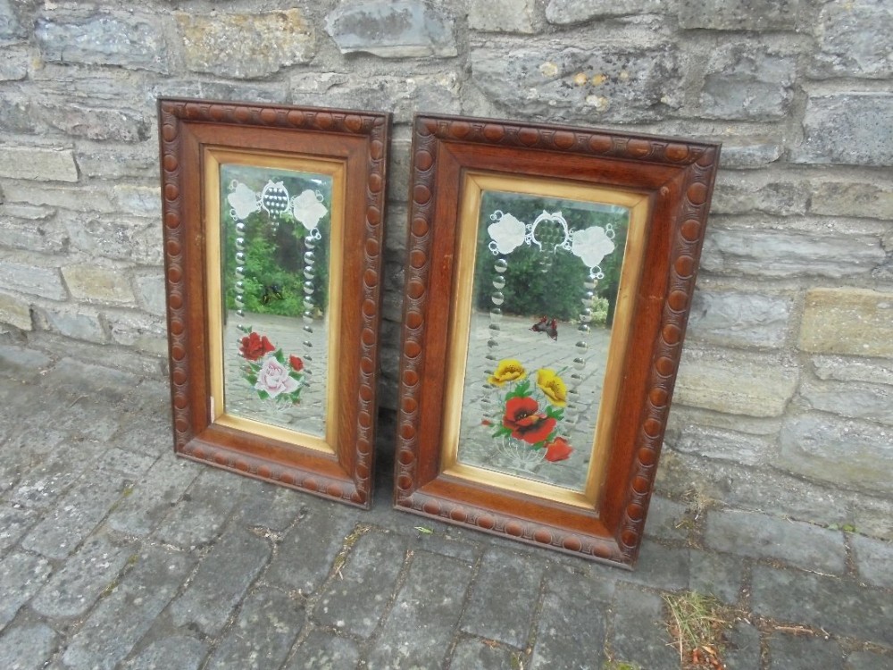 Pair of Victorian etched , bevelled and decorated mirrors, oak frames