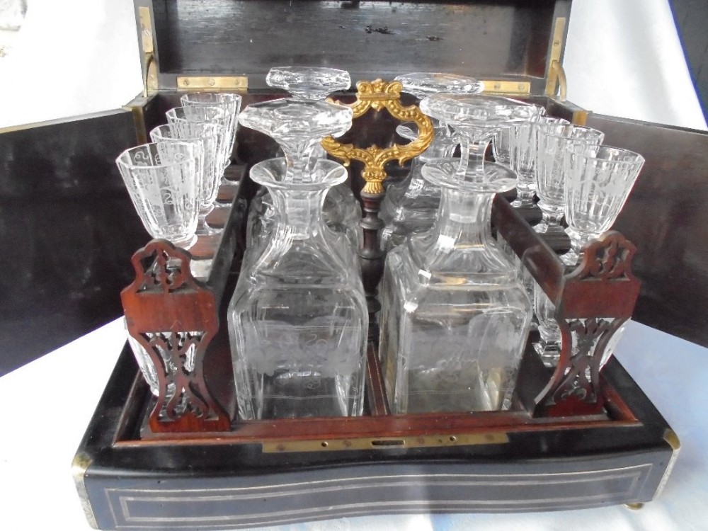 French ebony brass inlaid  liqueur tantalus 