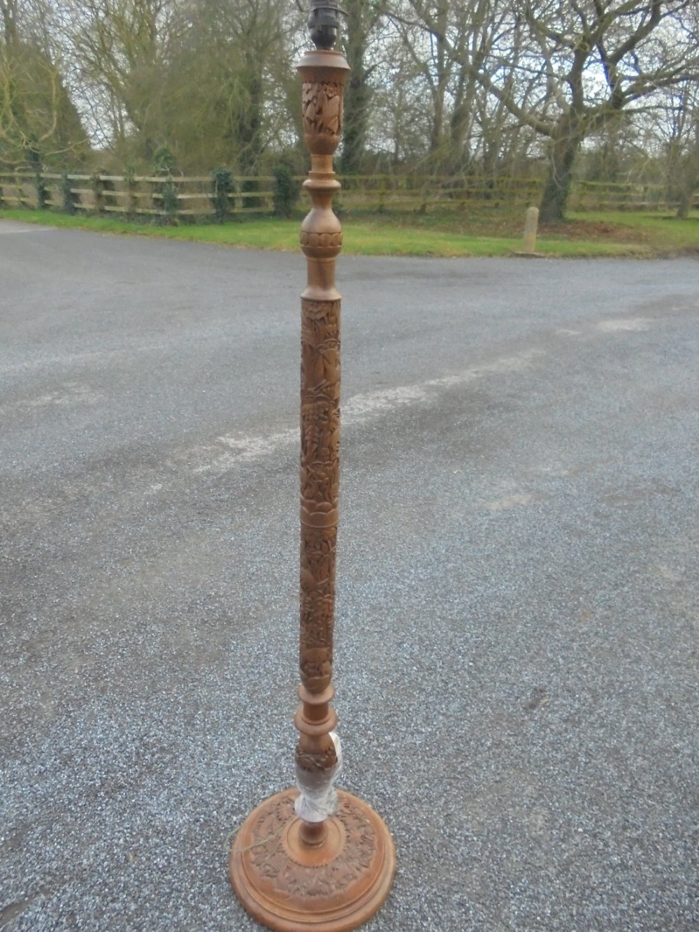 Carved wood walnut standard lamp