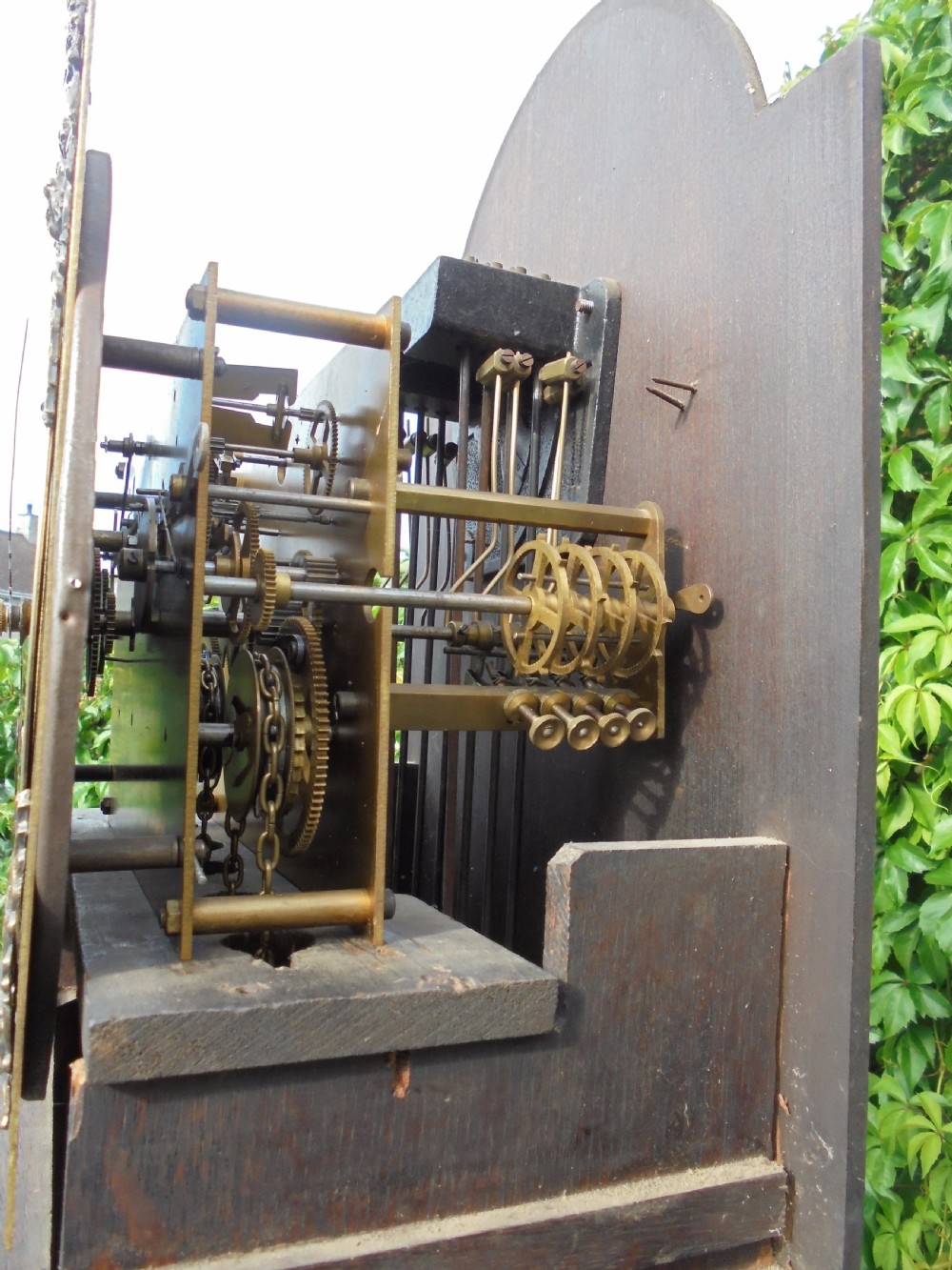 Three weight driven oak case , brass face longcase clock. circa 1900 View VI