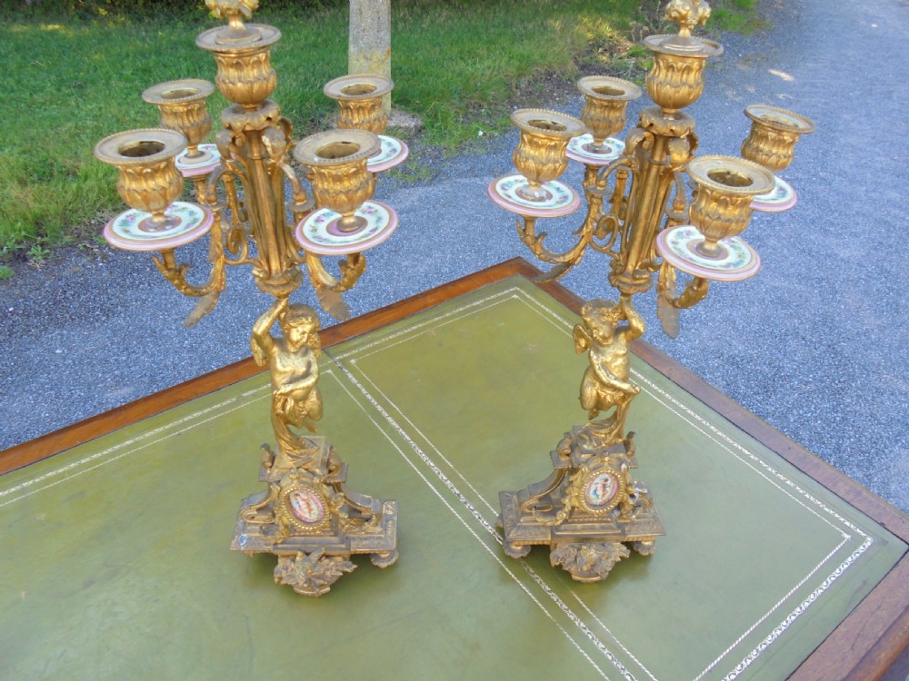 Pair of 19th century gilded bronze candelabra  with Sevres plaques View VIII