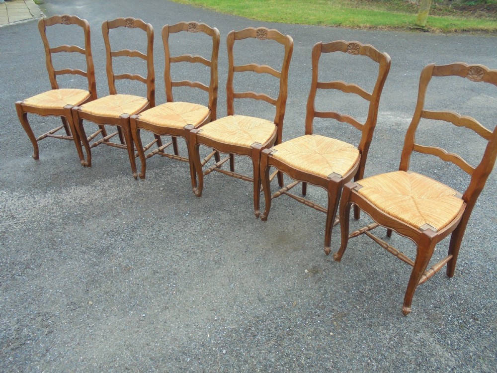 Set six French country oak ladder back kitchen or dining chairs