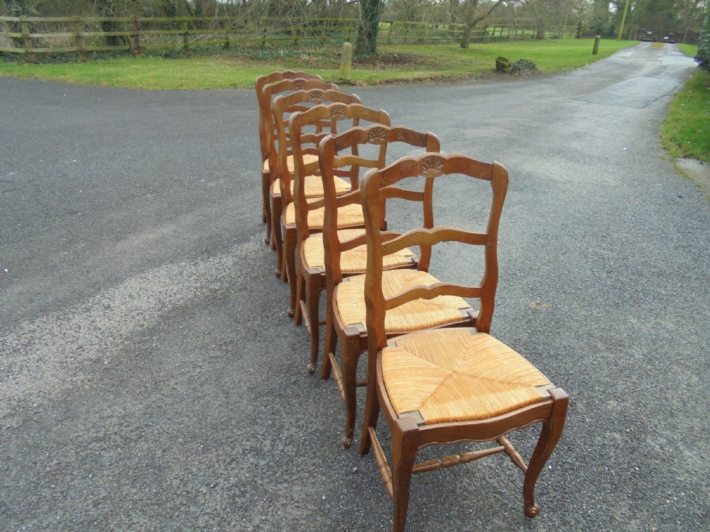 Set six French country oak ladder back kitchen or dining chairs View II