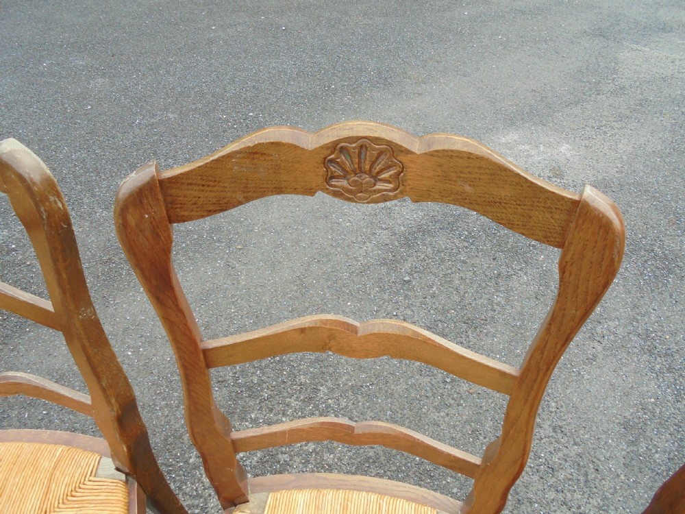 Set six French country oak ladder back kitchen or dining chairs View IV