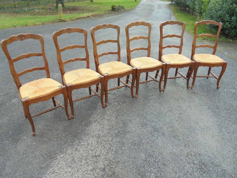 Set six French country oak ladder back kitchen or dining chairs View VI
