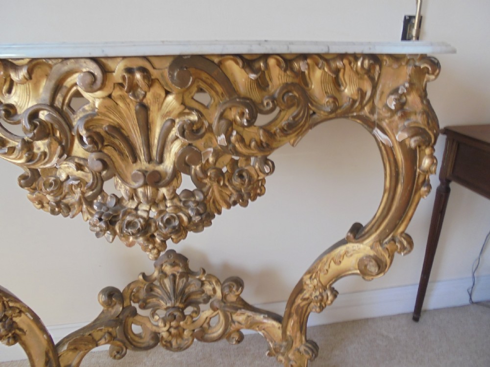 19th century marble top distressed gilded wood console table View II