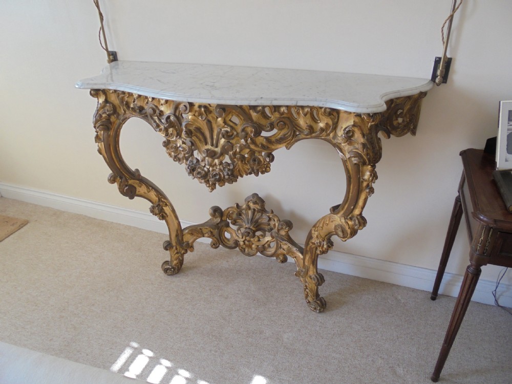 19th century marble top distressed gilded wood console table View III