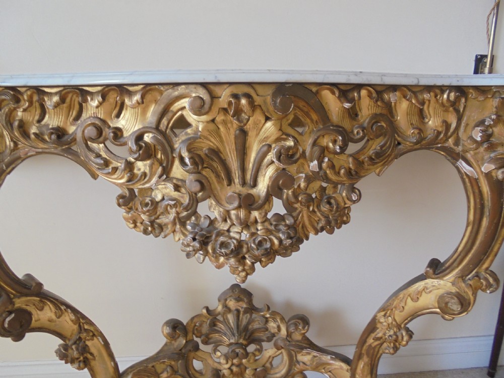19th century marble top distressed gilded wood console table View V
