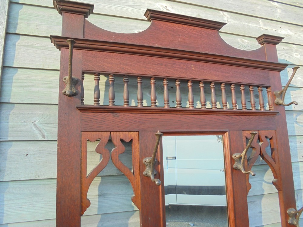 19th century oak hall stand with beaten metal hooks View IV
