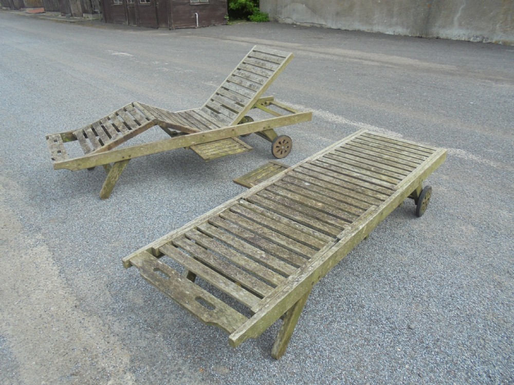 Pair  of wooden reclining garden loungers View IV