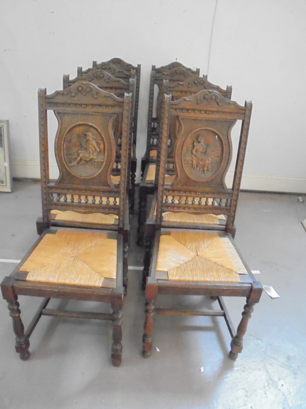Set of eight French walnut marriage chairs View II