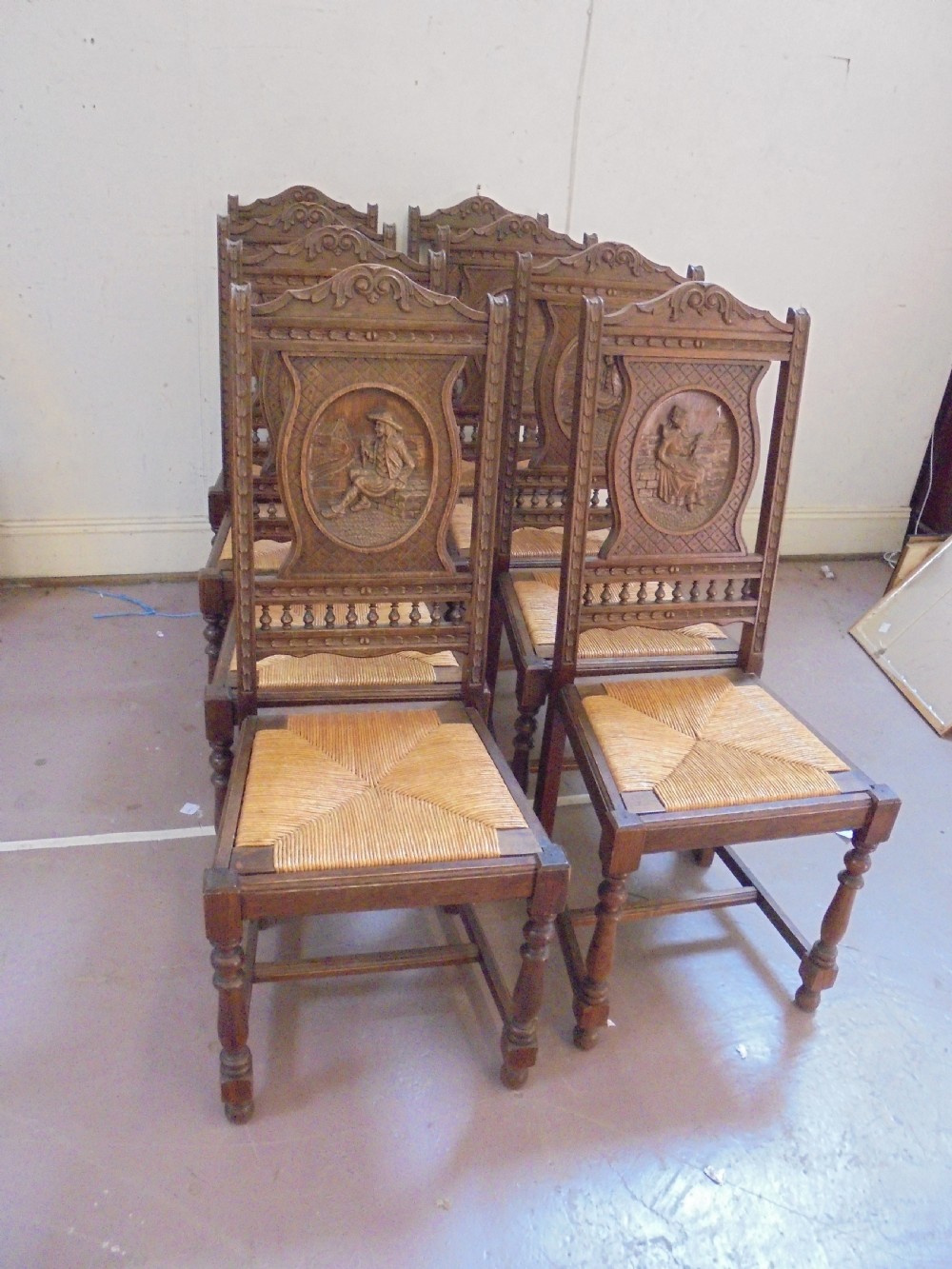 Set of eight French walnut marriage chairs View III
