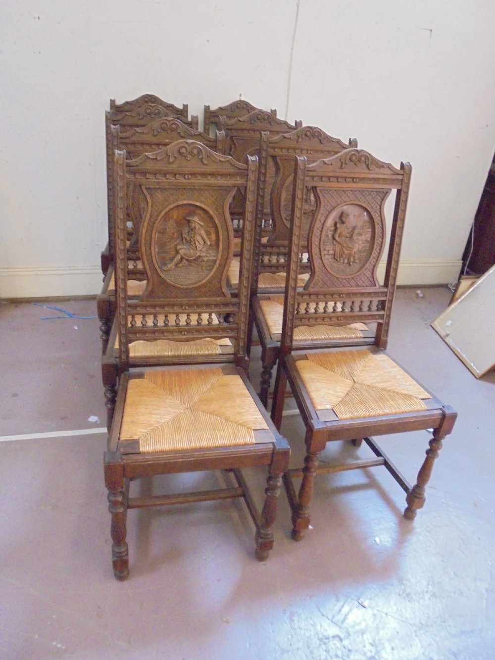 Set of eight French walnut marriage chairs View VI