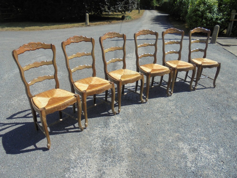 Set of six French walnut dining kitchen chairs