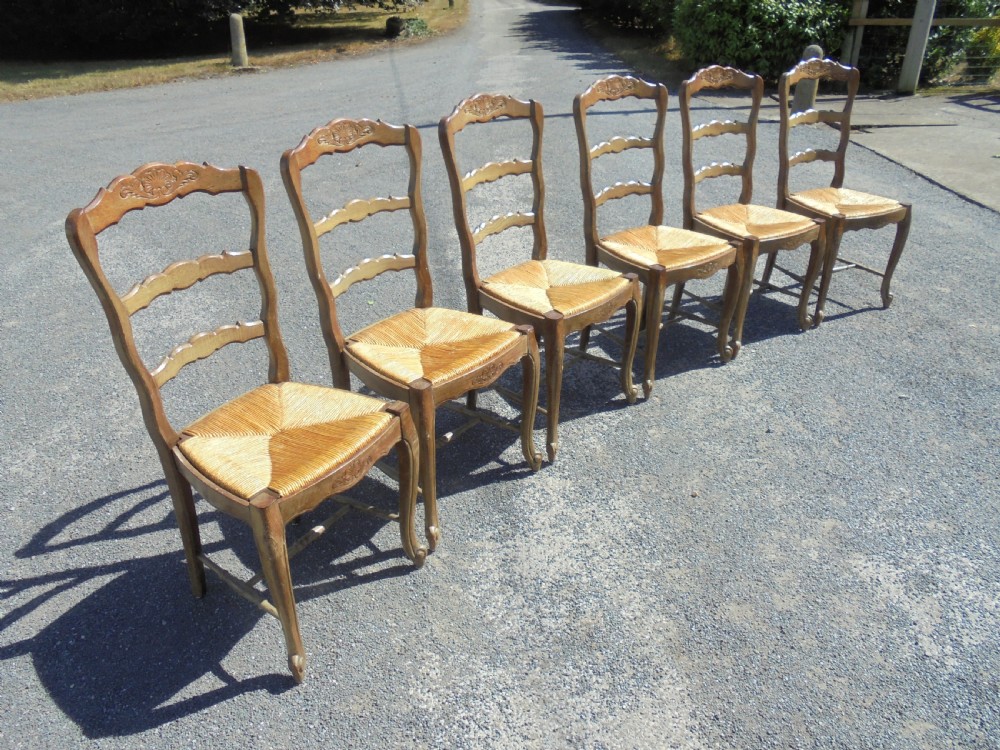 Set of six French walnut dining kitchen chairs View II