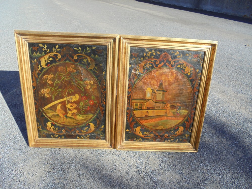 Pair of 18th century Chinese polychrome paintings on leather