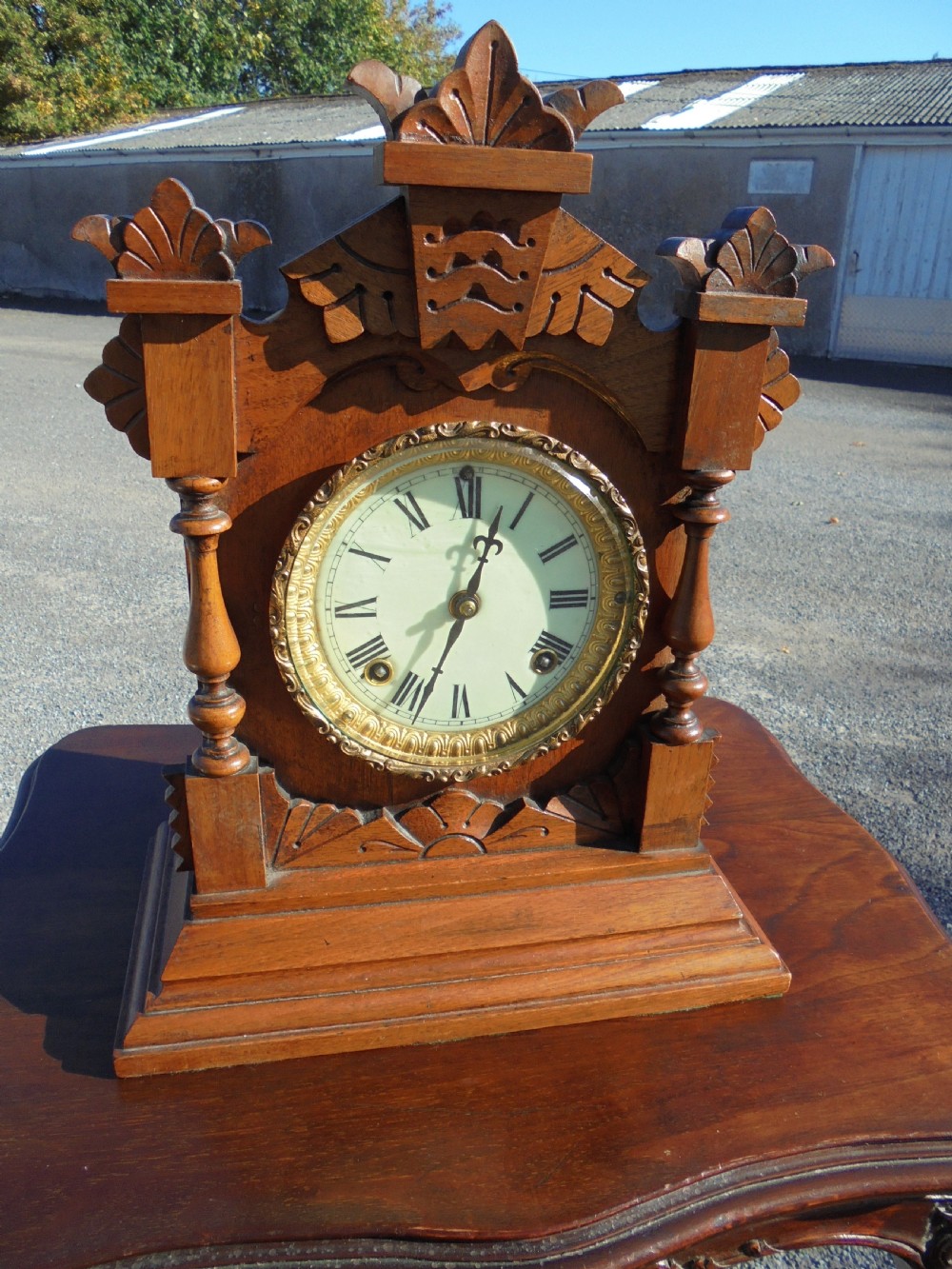 Victorian walnut mantle clock. Ansonia Company USA View III