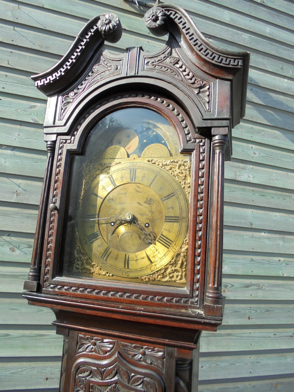 Late 18th century brass face carved oak Grandfather long case clock View II