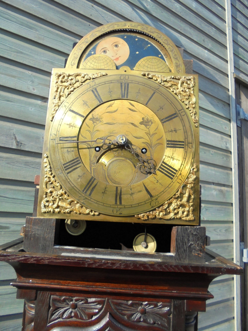 Late 18th century brass face carved oak Grandfather long case clock View III