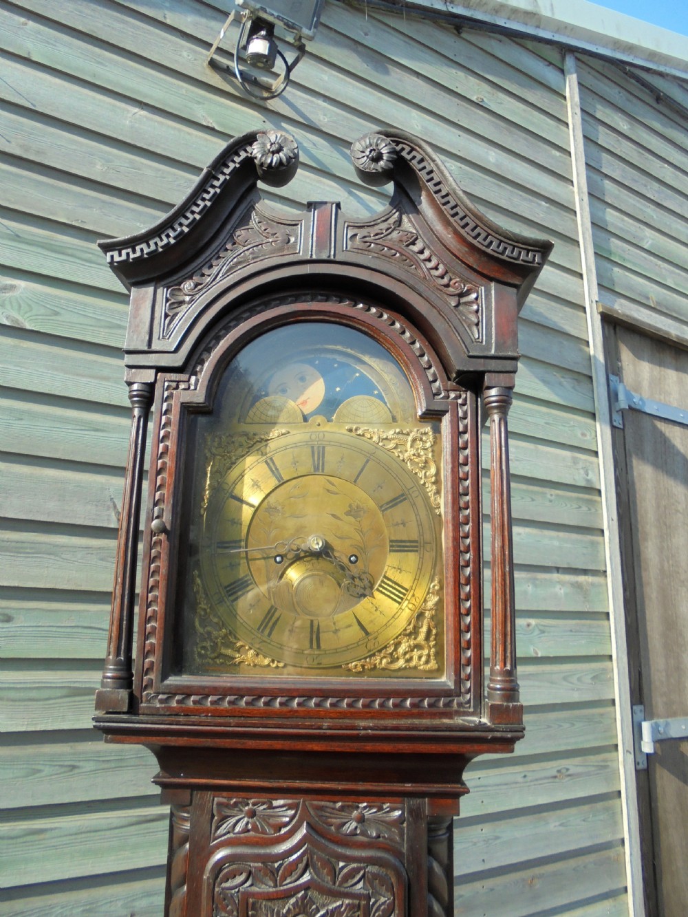Late 18th century brass face carved oak Grandfather long case clock View V