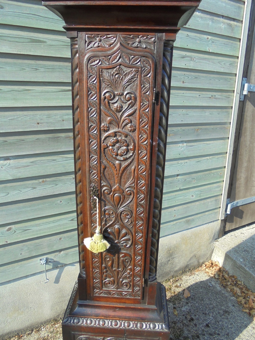 Late 18th century brass face carved oak Grandfather long case clock View VII