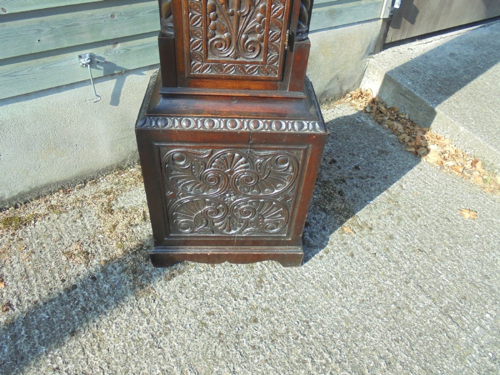 Late 18th century brass face carved oak Grandfather long case clock View VIII