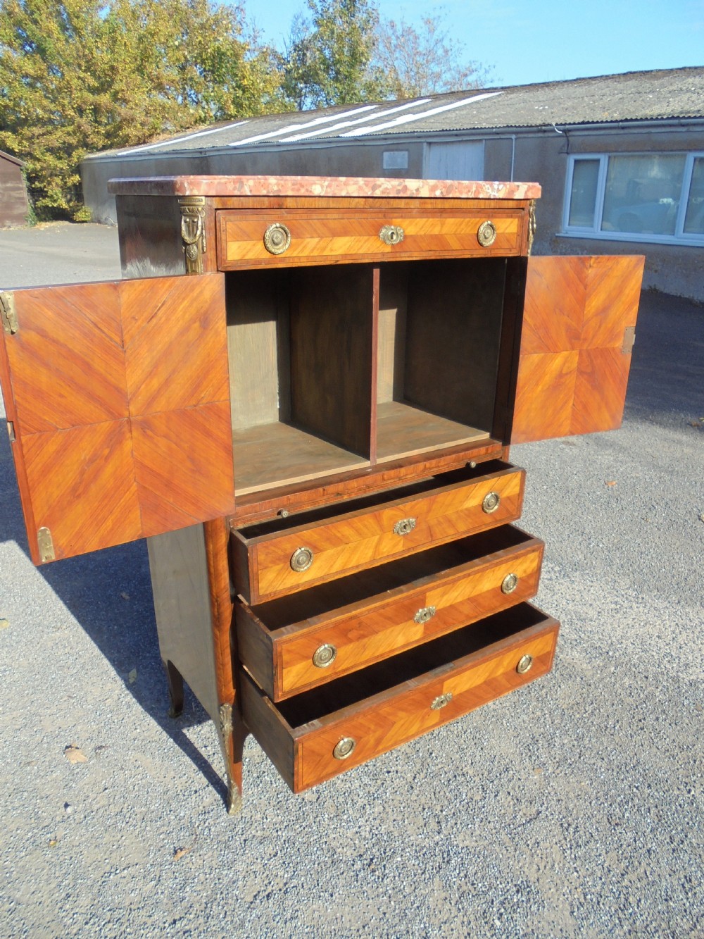 19th century French marble top marquetry cabinet View IV