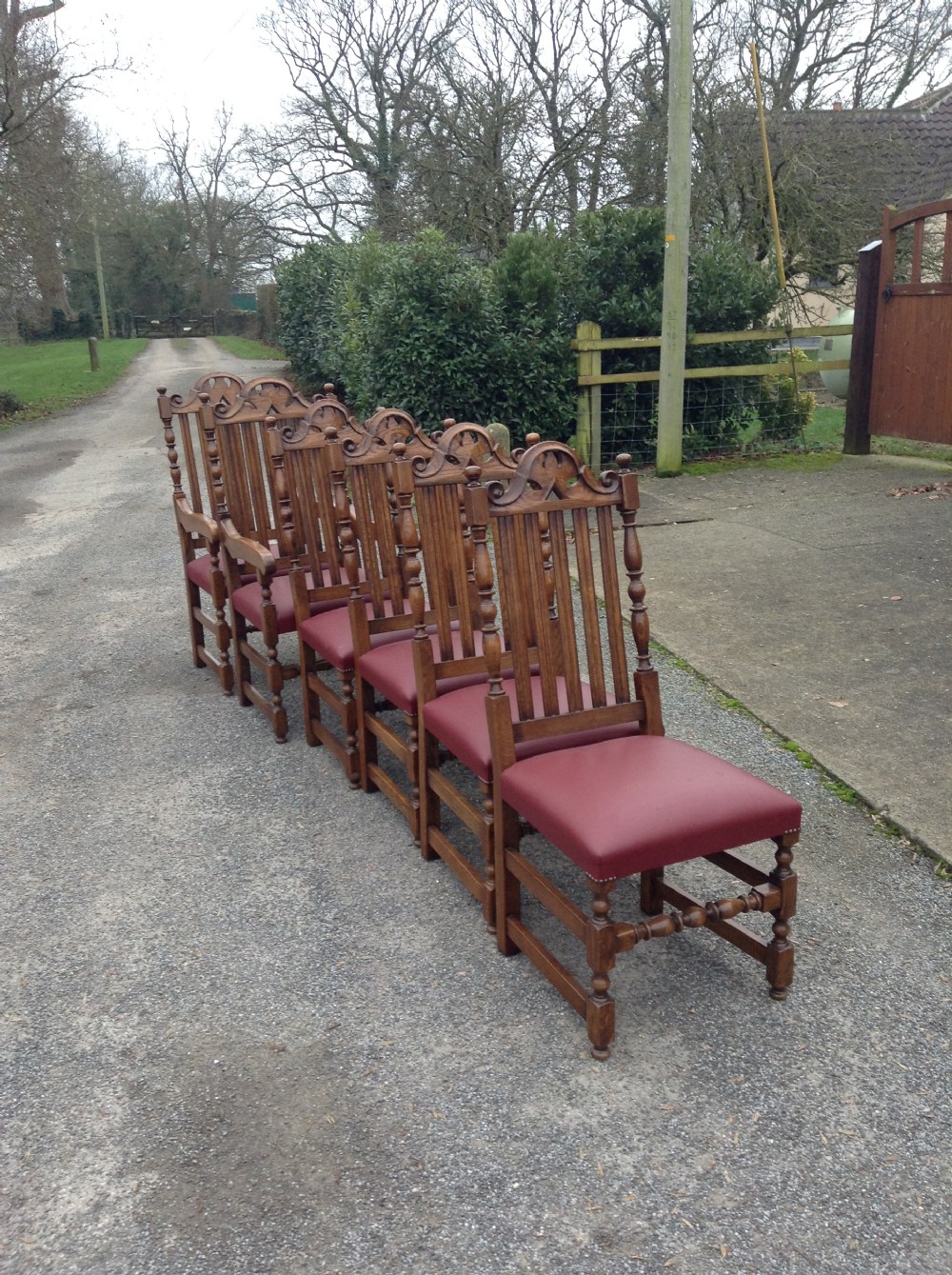 Set 6 Jacobean style oak dining chairs View II