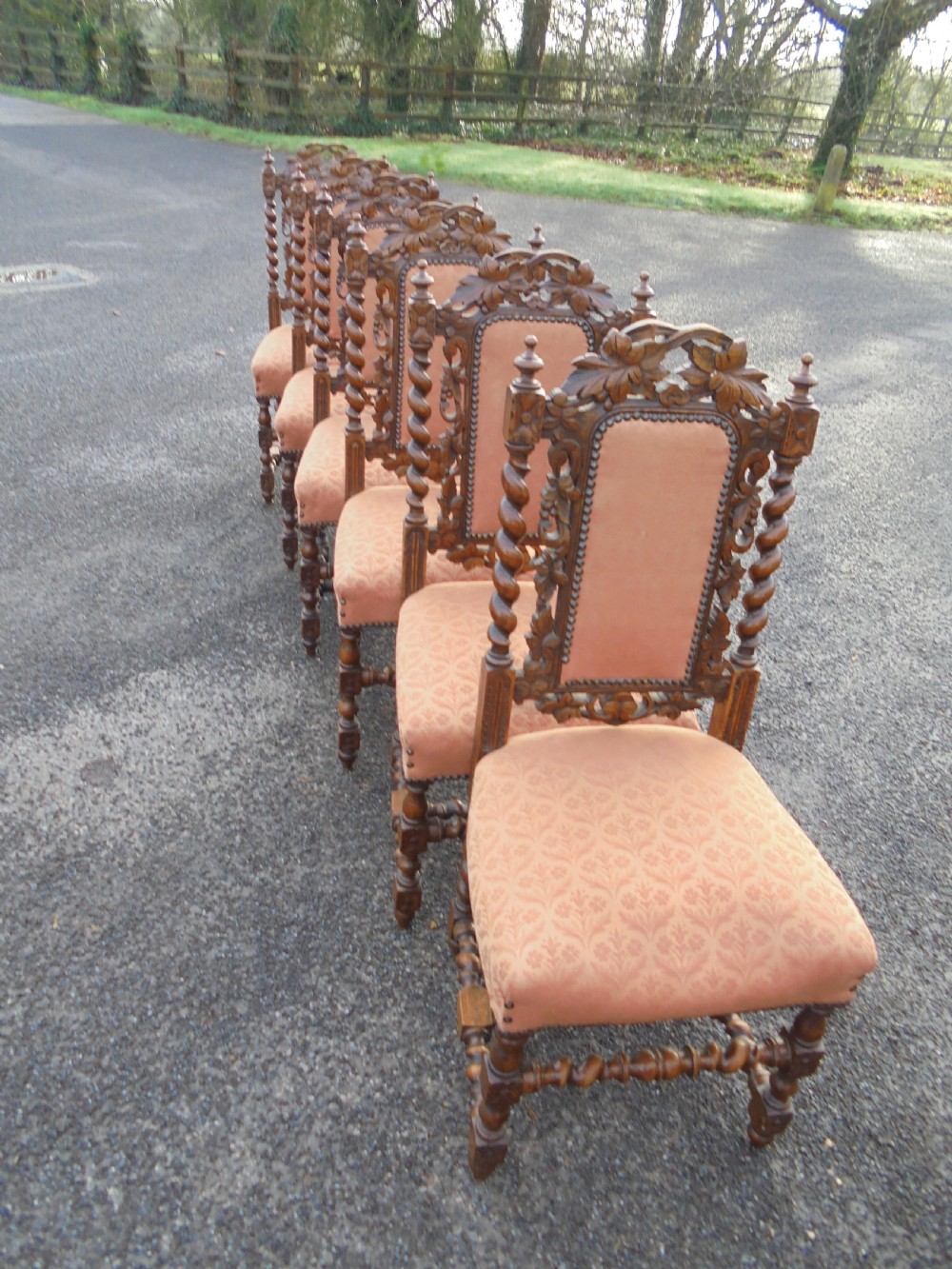 Set of 6 Oak Jacobean style carved chairs.  View IV