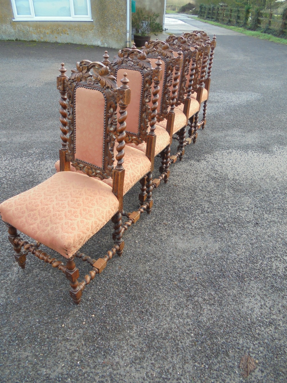 Set of 6 Oak Jacobean style carved chairs.  View V