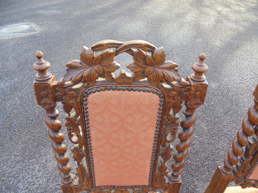 Set of 6 Oak Jacobean style carved chairs.  View VI