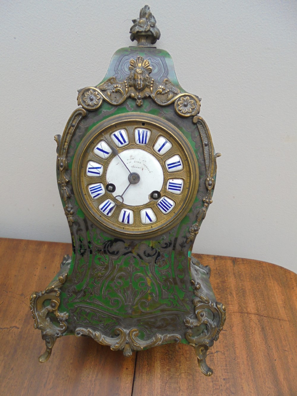 French Louis XV style green tortoiseshell boulle mantel clock