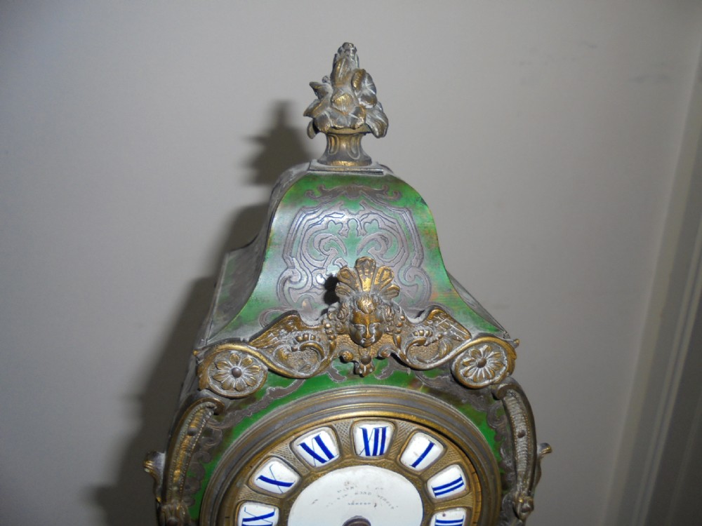 French Louis XV style green tortoiseshell boulle mantel clock View III