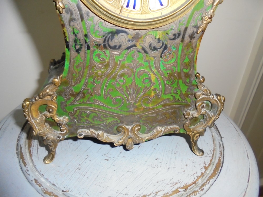 French Louis XV style green tortoiseshell boulle mantel clock View IV
