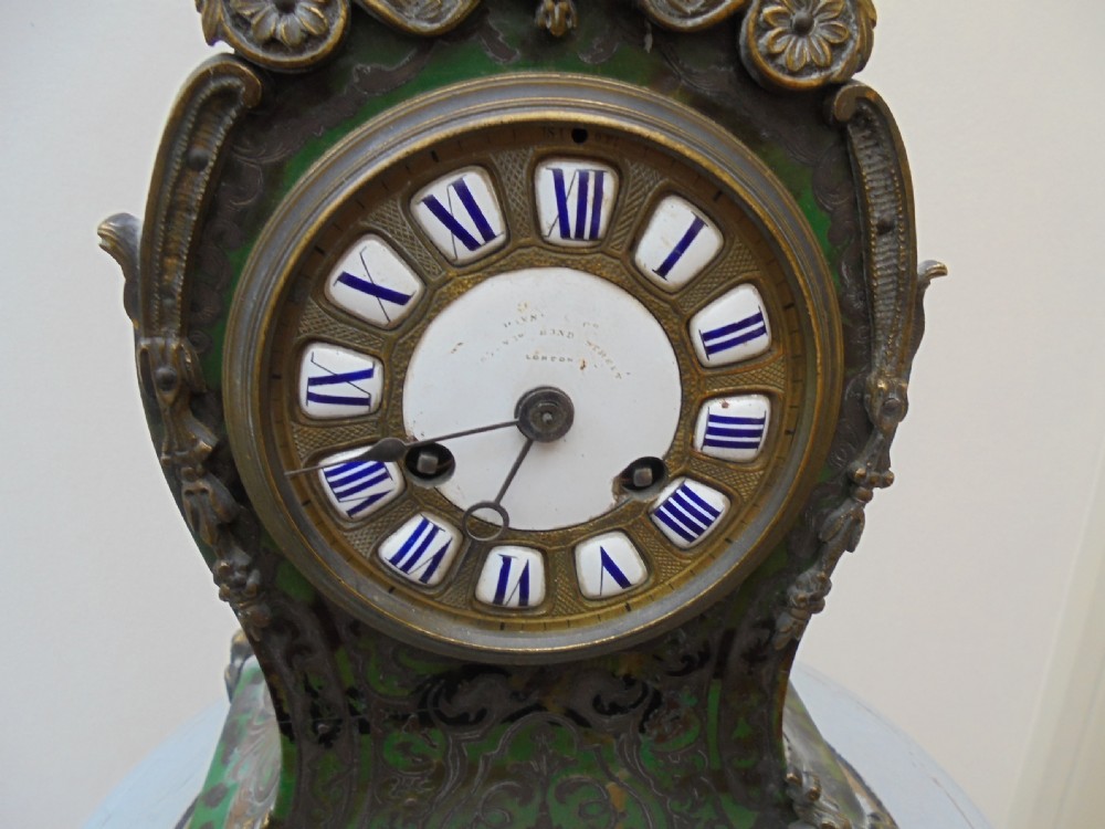 French Louis XV style green tortoiseshell boulle mantel clock View VII